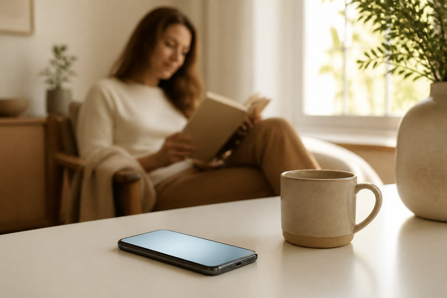 机に置かれたスマートフォンとコーヒー